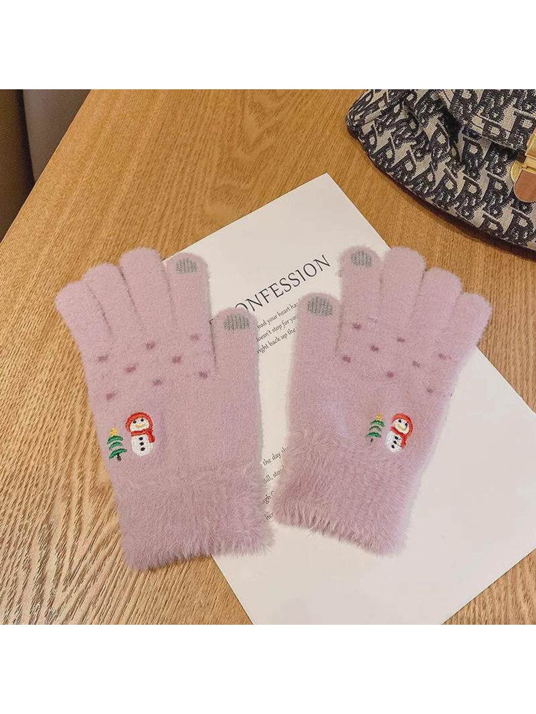 Gloving - Snowman Embroidered Plush Cuff Winter Gloves