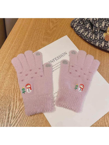 Gloving - Snowman Embroidered Plush Cuff Winter Gloves
