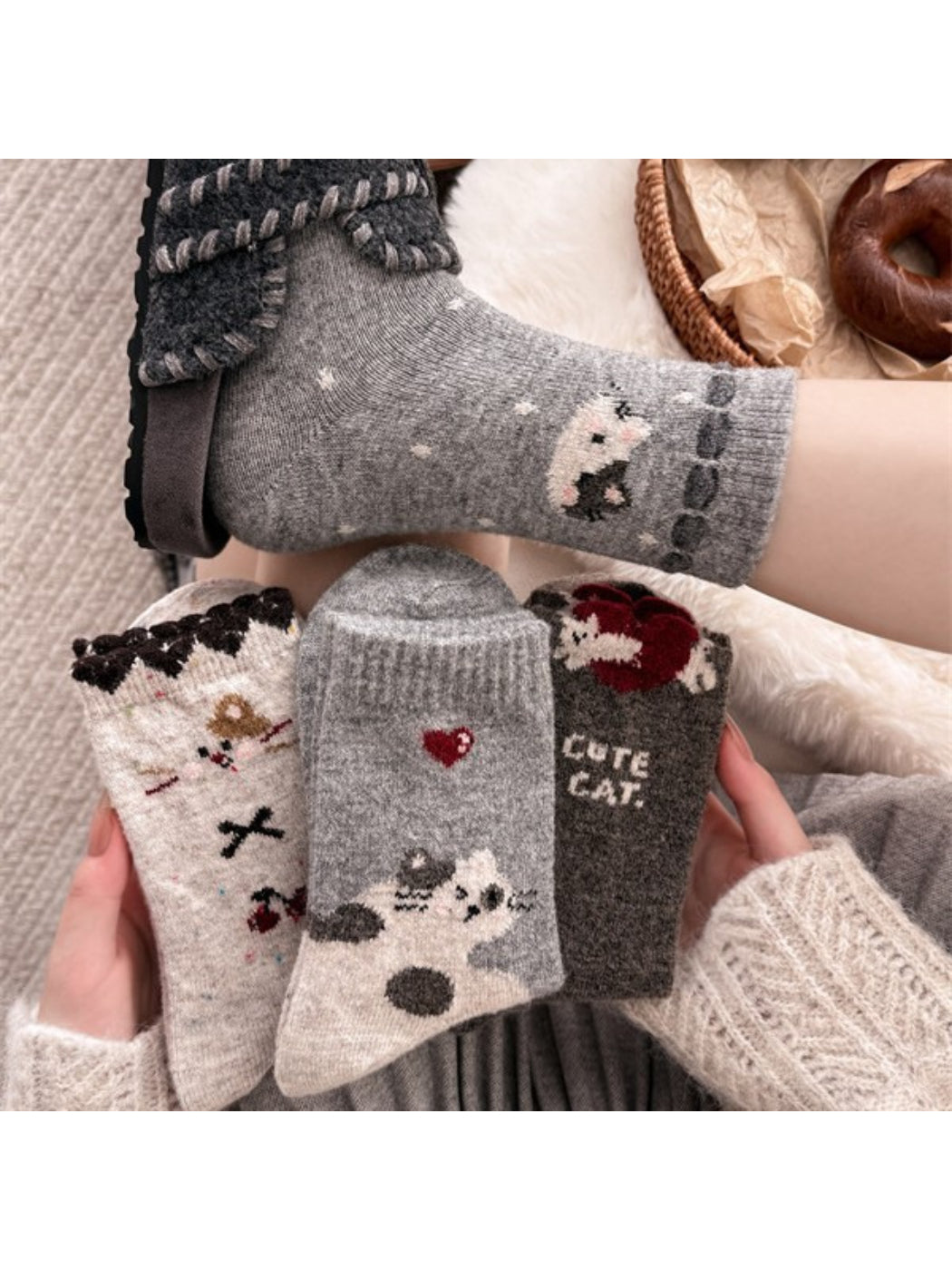 Rufia - Cute Cat Pattern Cozy Crew Socks