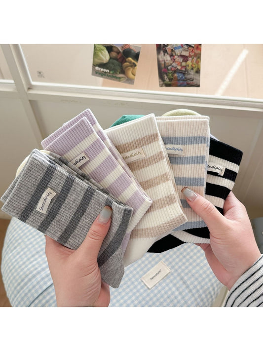Rufia - Simple Style Striped Ribbed Crew Socks