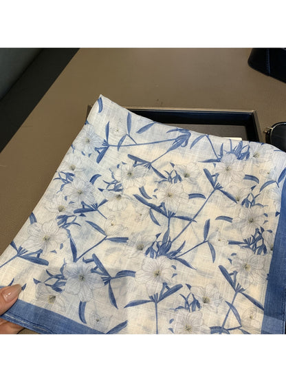 Scarvii - Soft Blue White Ink Floral Print Square Scarf
