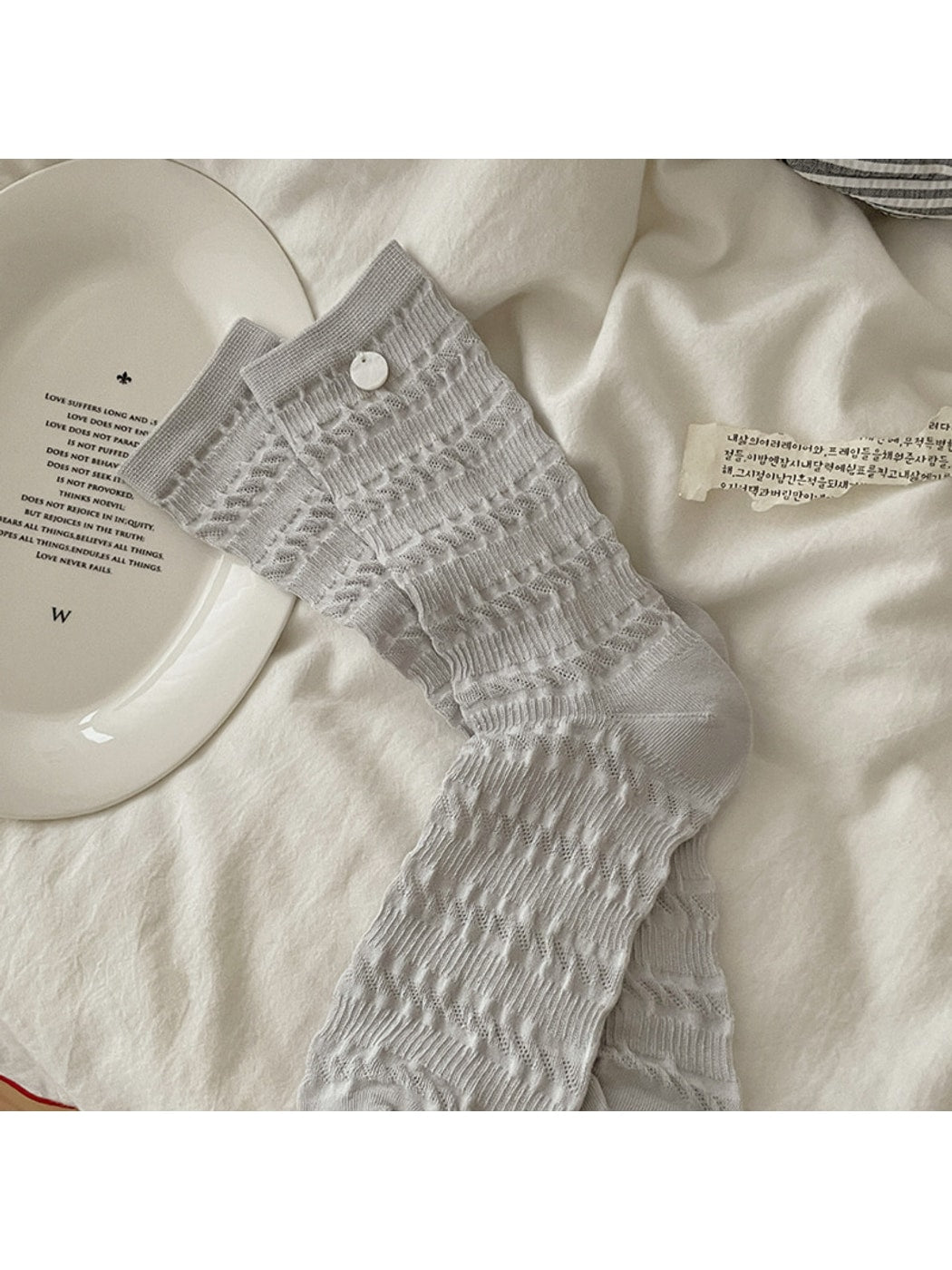 Rufia - Solid Button Decor Crew Socks