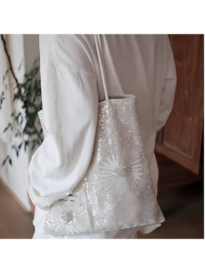 Cosbai - Elegant White Daisy Sequin Tote Bag