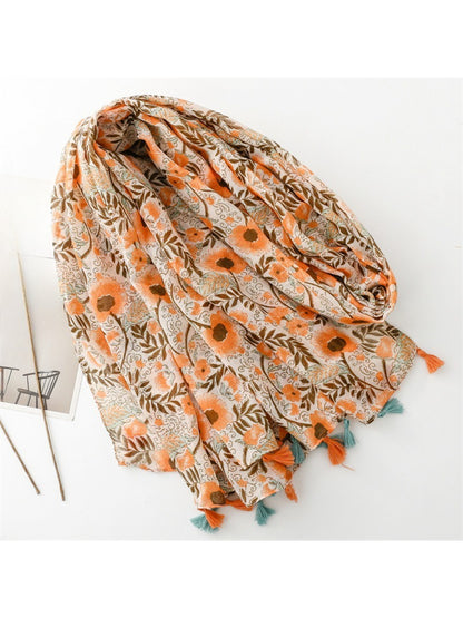 Scarvii - Boho Floral Print Tassel Scarf