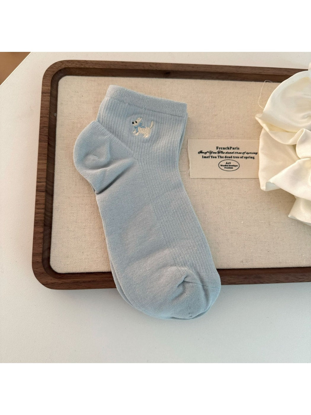 Rufia - Cute Dog Embroidery Solid Color Ankle Socks