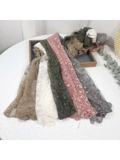 Scarvii - Floral Embroidered Mesh Head and Neck Scarf