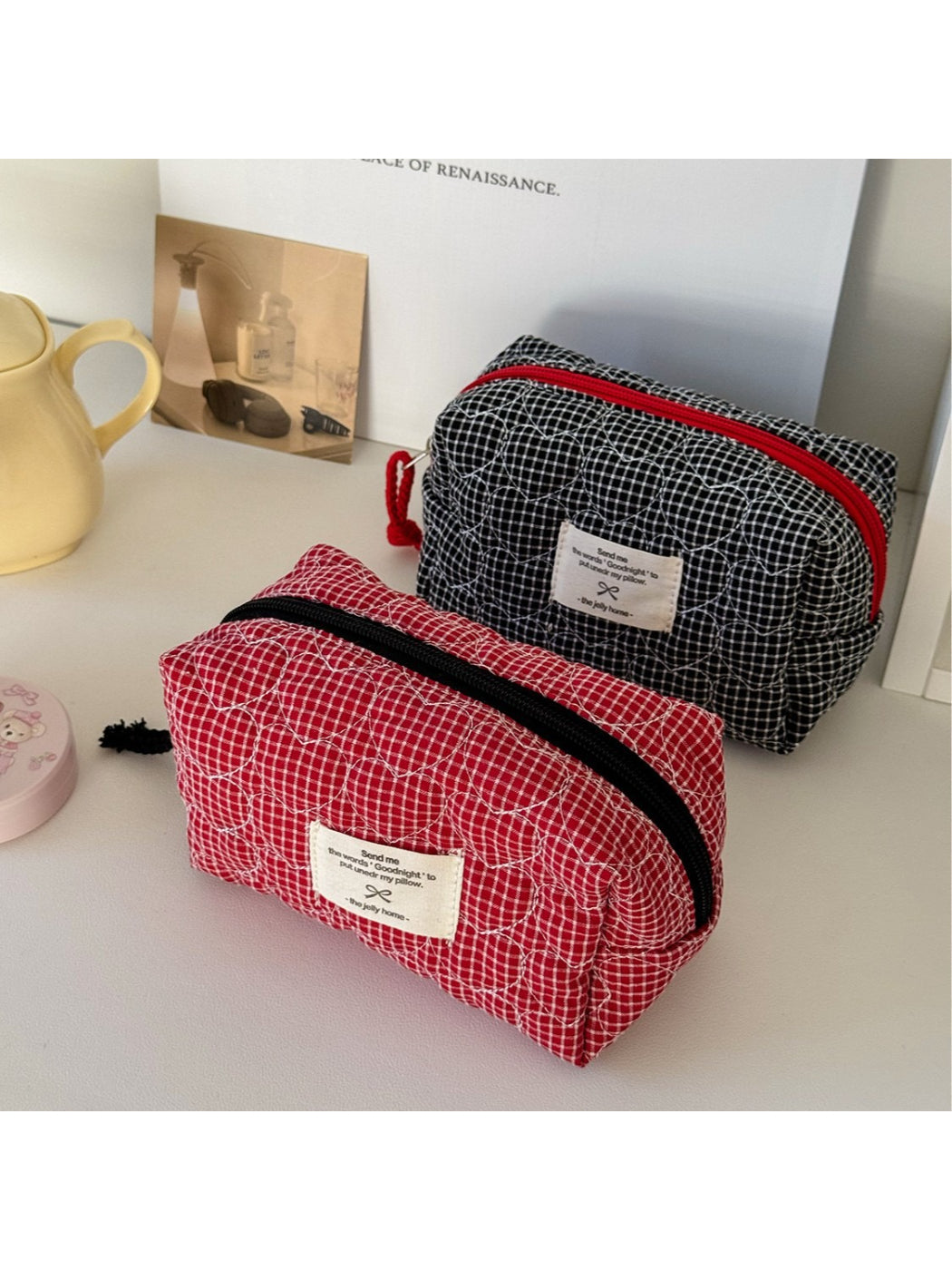 Side view of Cosbai soft quilted check toiletry bag showing detail