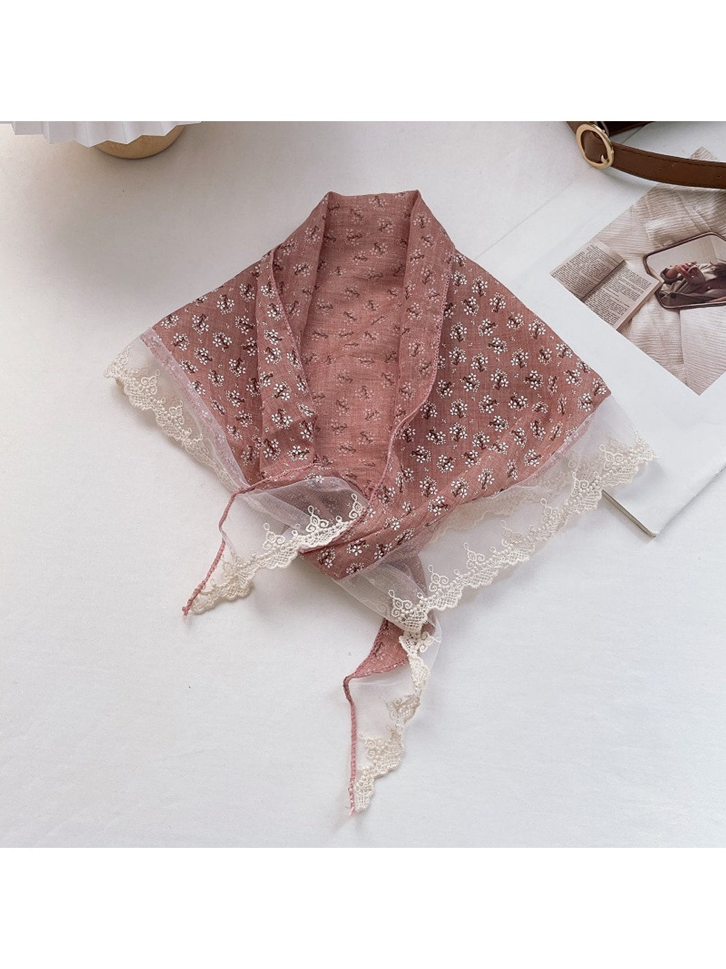 Scarvii - Floral Lace Edge Decorative Triangle Bandana Scarf