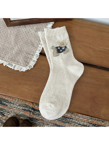 Rufia - Cute Winter Puppy Motif Crew Socks