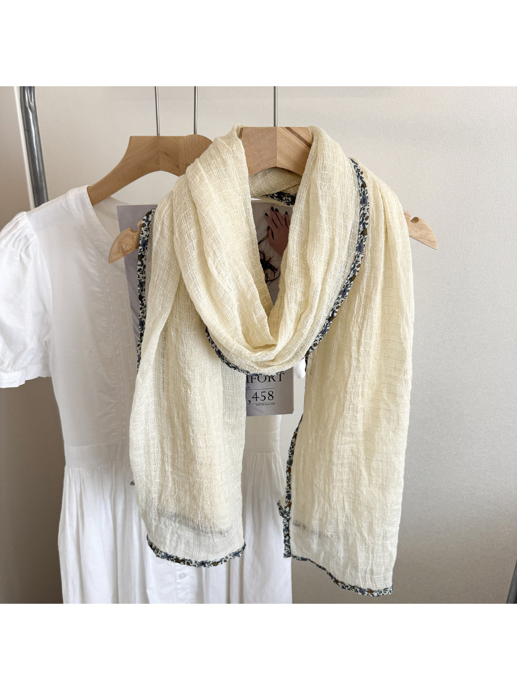 Scarvii - Woven Floral Trim Long Scarf