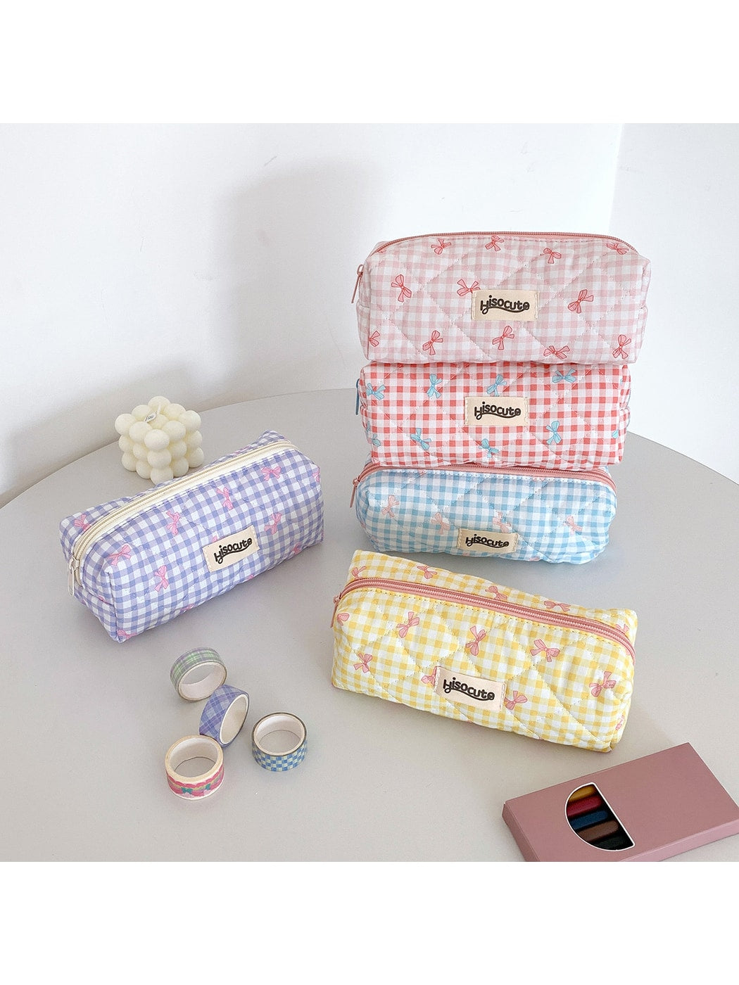 Cosbai - Plaid Bow Print Zipper Makeup Pouch Bag