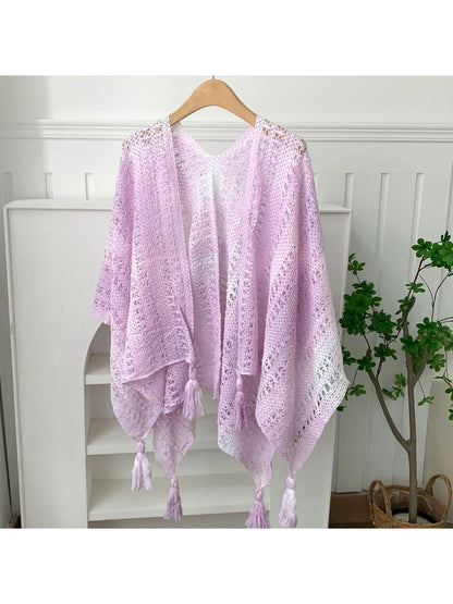 Scarvii - Gradient Openwork Tassel Trim Cape Shawl