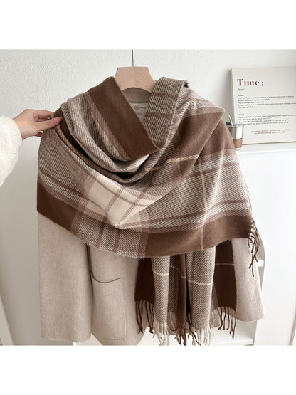 Scarvii - Soft-Tone Plaid Fringed Winter Scarf