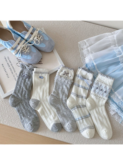 Close-up of blue and grey striped pattern on Rufia crew socks