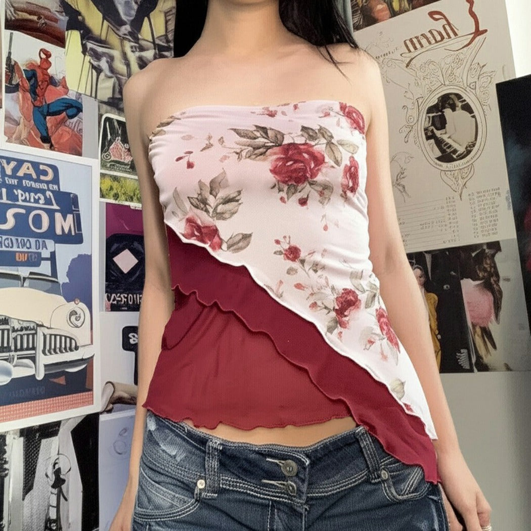 Vesty - Vintage Asymmetrical Floral Tube Top