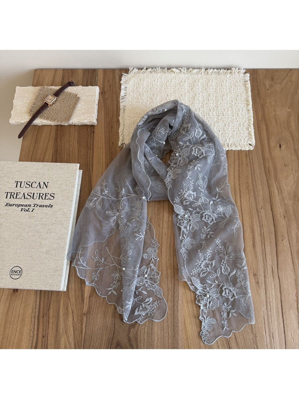 Scarvii - Rose Embroidered Lace Edge Long Scarf