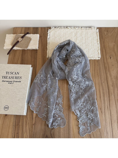 Scarvii - Rose Embroidered Lace Edge Long Scarf