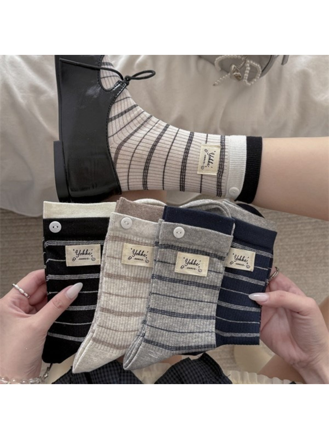 Rufia Button Cuff Ribbed Stripe Socks pattern detail