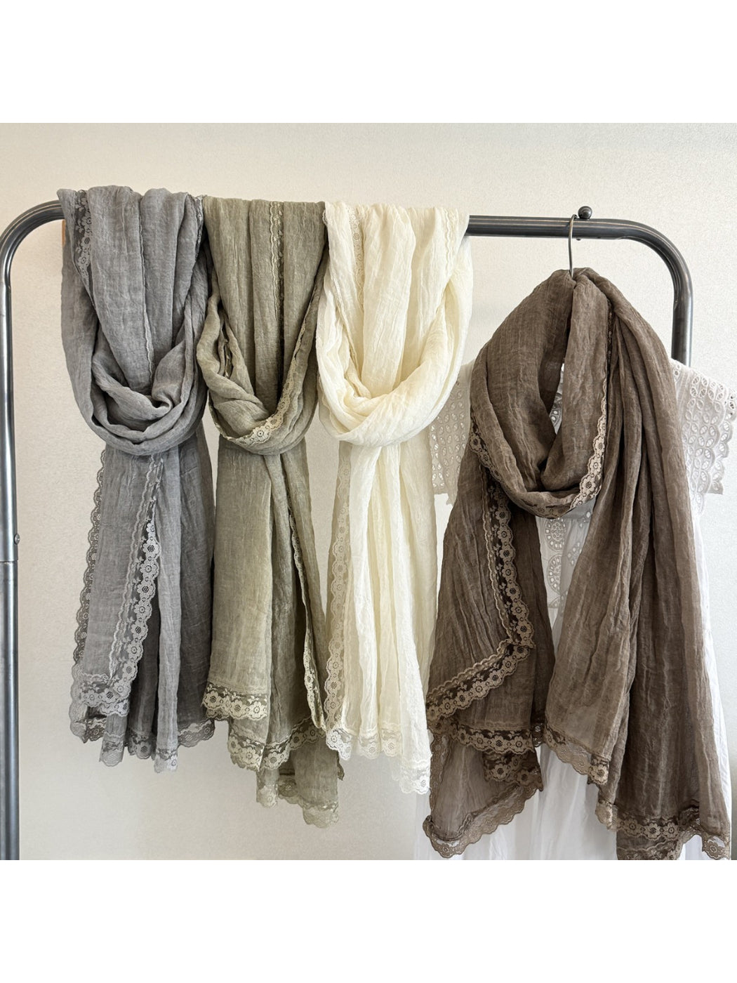 Scarvii - Lace Trim Crinkle Long Scarf