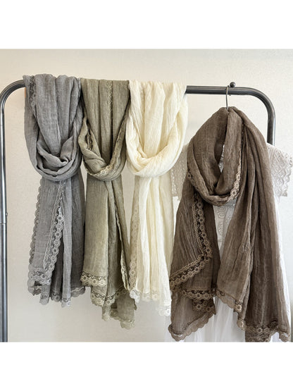 Scarvii - Lace Trim Crinkle Long Scarf