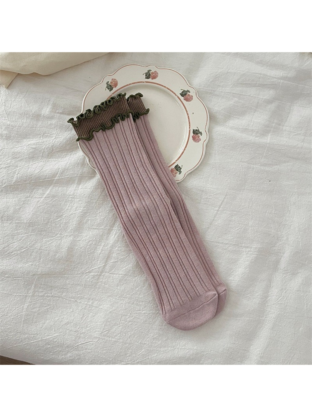 Rufia ruffle color block crew socks displayed on a white background showing full length