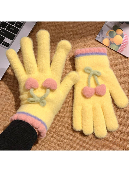 Gloving - Cherry Detail Five-Finger Winter Gloves