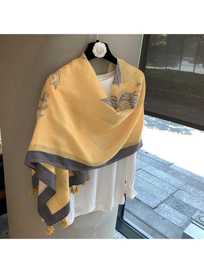 Scarvii - Floral Pattern Tassel Trim Long Scarf