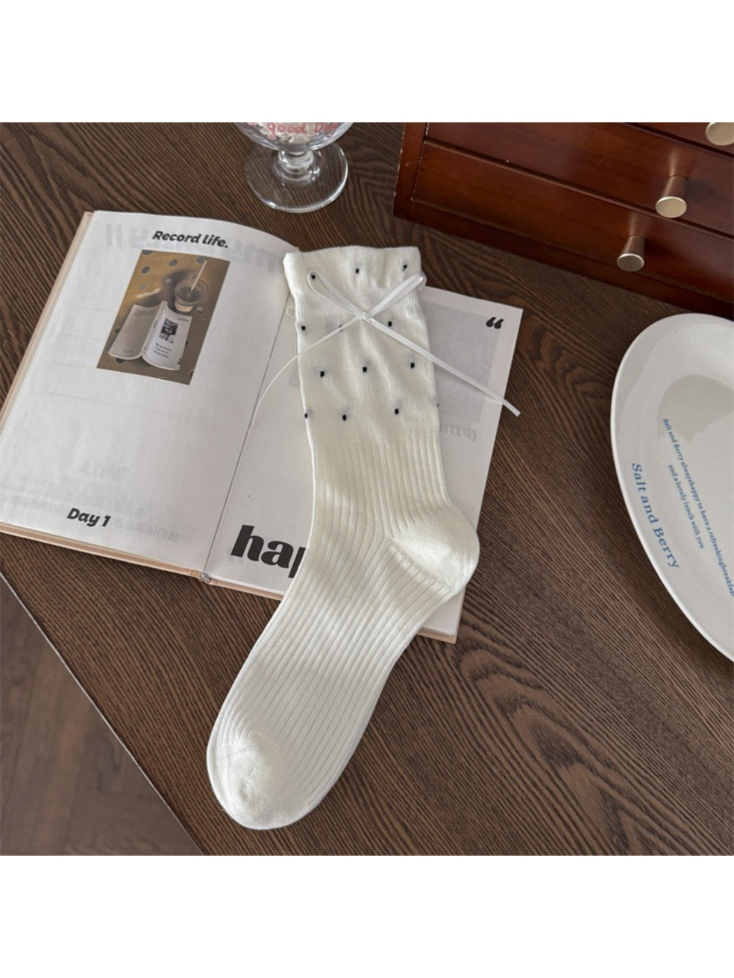 Rufia crew socks folded to show soft fabric and ribbed design
