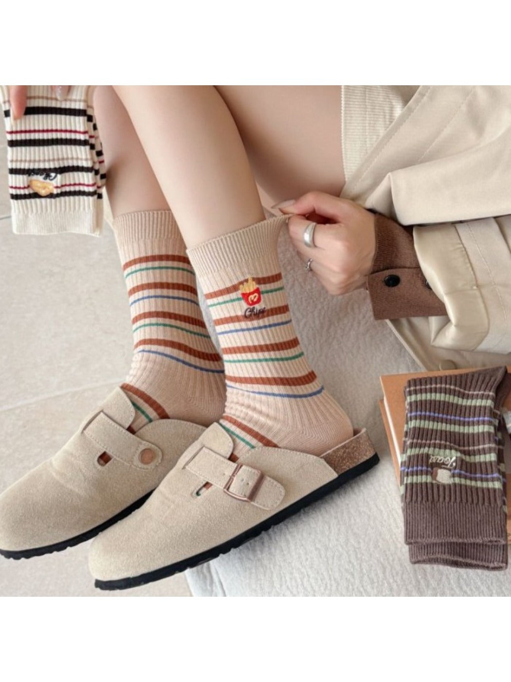 Rufia - Fun Embroidered Stripe Mid-Calf Winter Socks