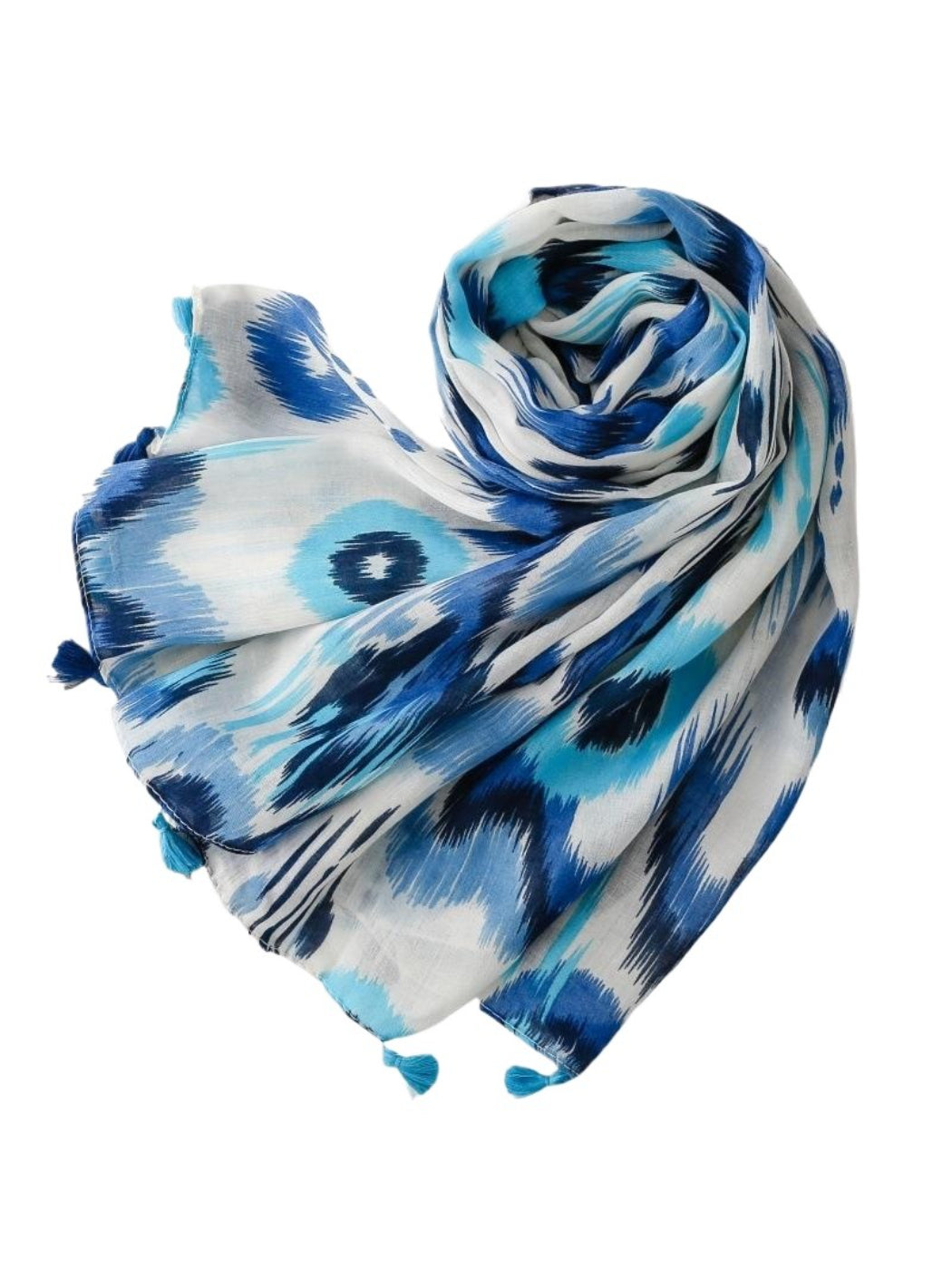 Scarvii Boho Ikat Tassel Wrap spread flat showing full pattern and tassel fringe