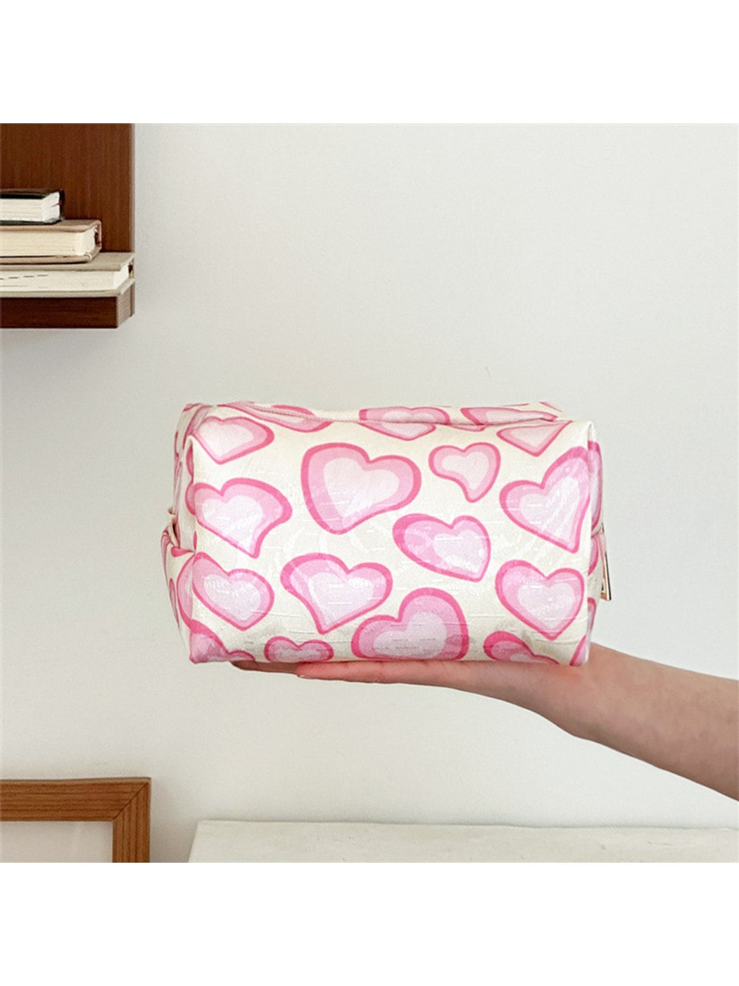 Cosbai - Pink White Heart Print Zipper Cosmetic Bag