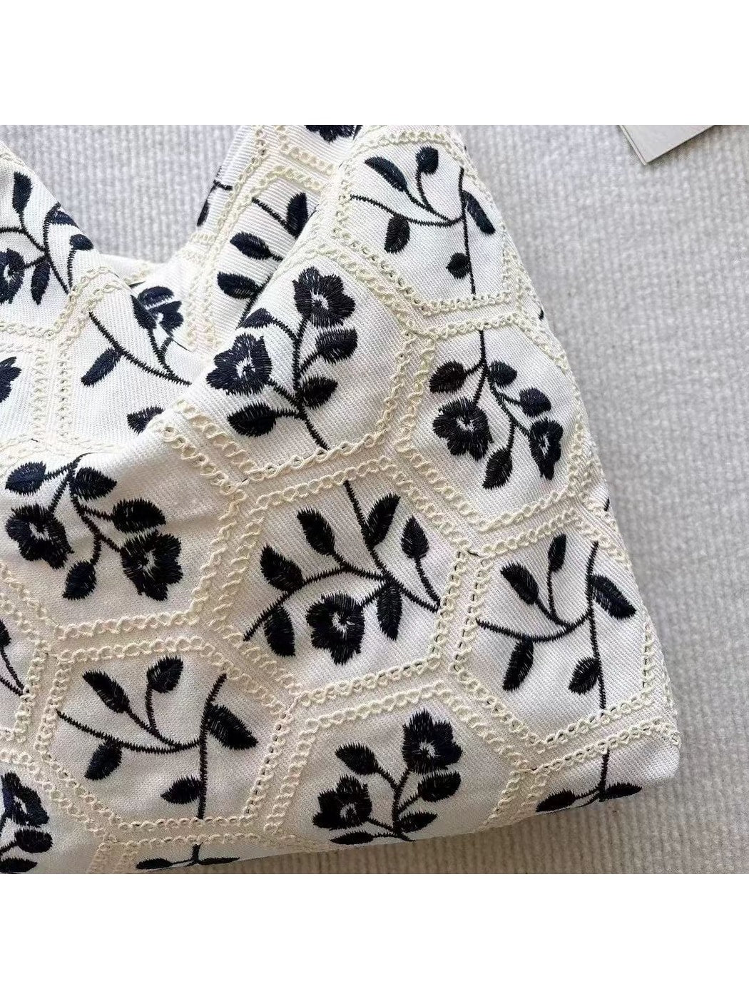 Cosbai - Floral Embroidered Honeycomb Pattern Tote Bag
