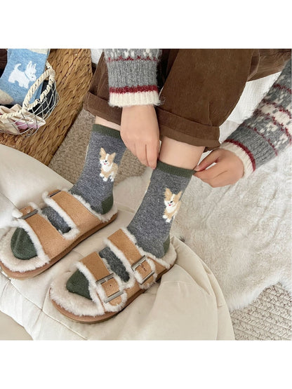 Rufia - Playful Dog Motif Colorblock Crew Socks
