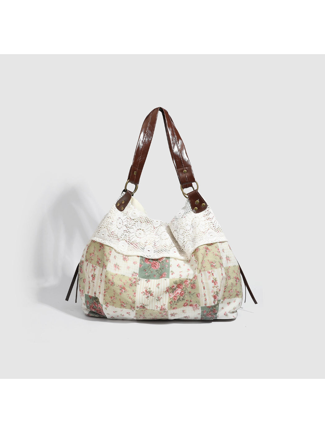 Cosbai - Floral Patchwork Lace Shoulder Tote Bag