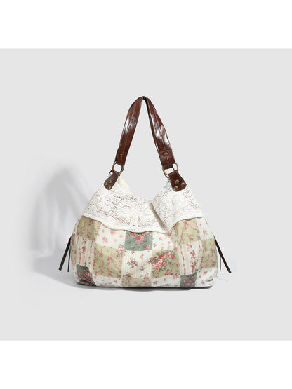 Cosbai - Floral Patchwork Lace Shoulder Tote Bag