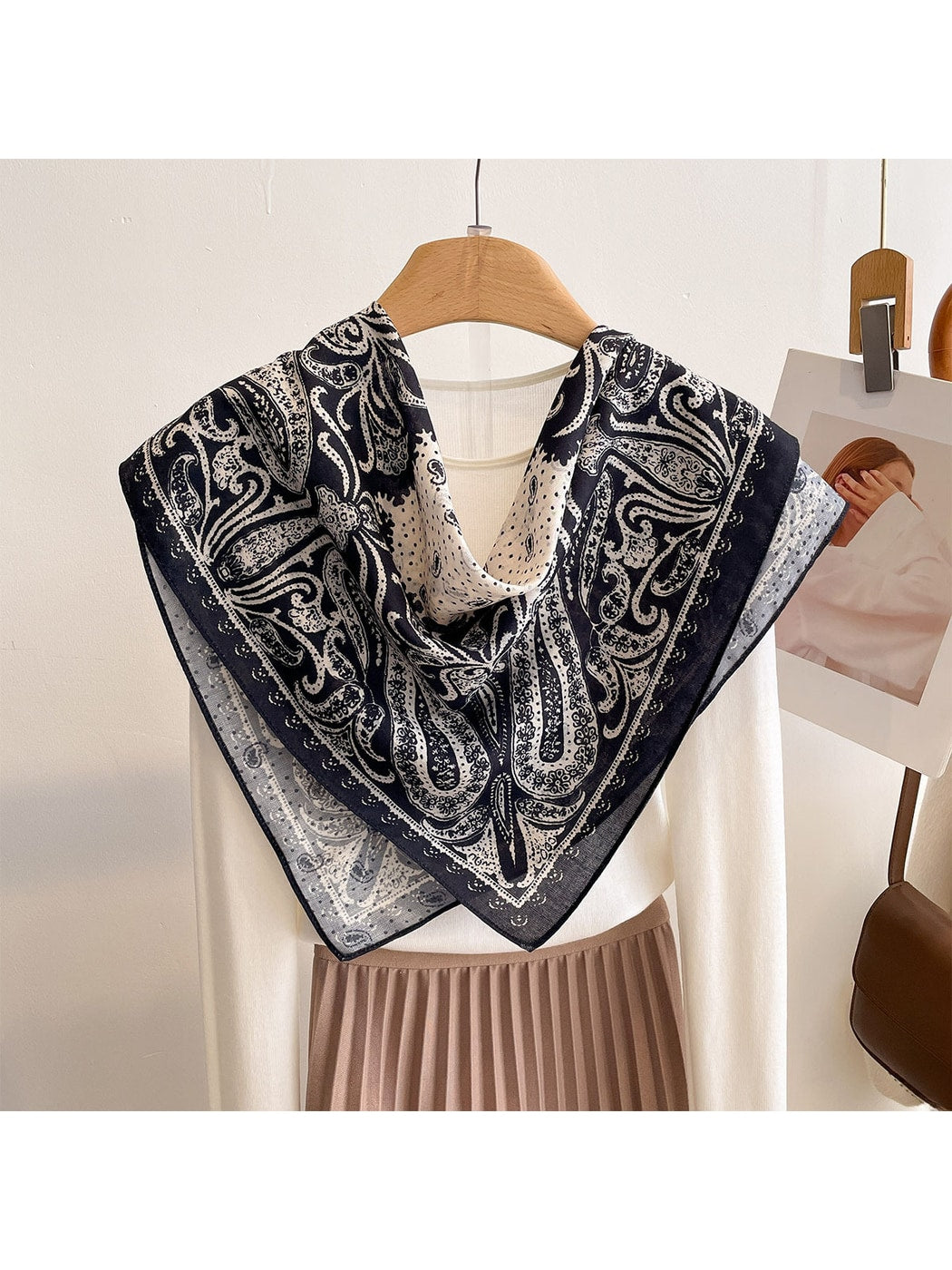 Scarvii - Black and White Colorblock Paisley Square Scarf