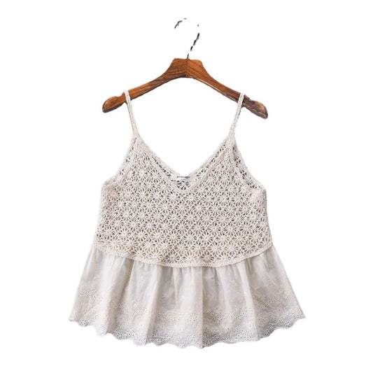 Vesty - Lace-Knit V-Neck Cami Top - White & Beige