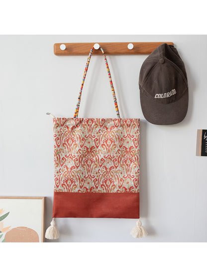 Cosbai Boho Ethnic Tassel Tote bag with colorful ethnic pattern and tassels on straps