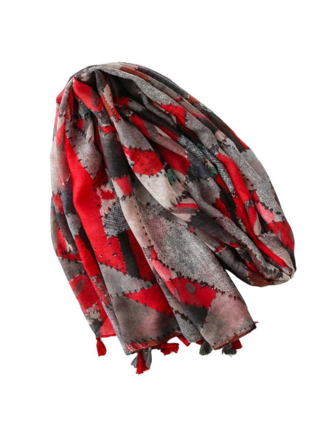 Scarvii - Red Gray Geometric Mosaic Tassel Scarf