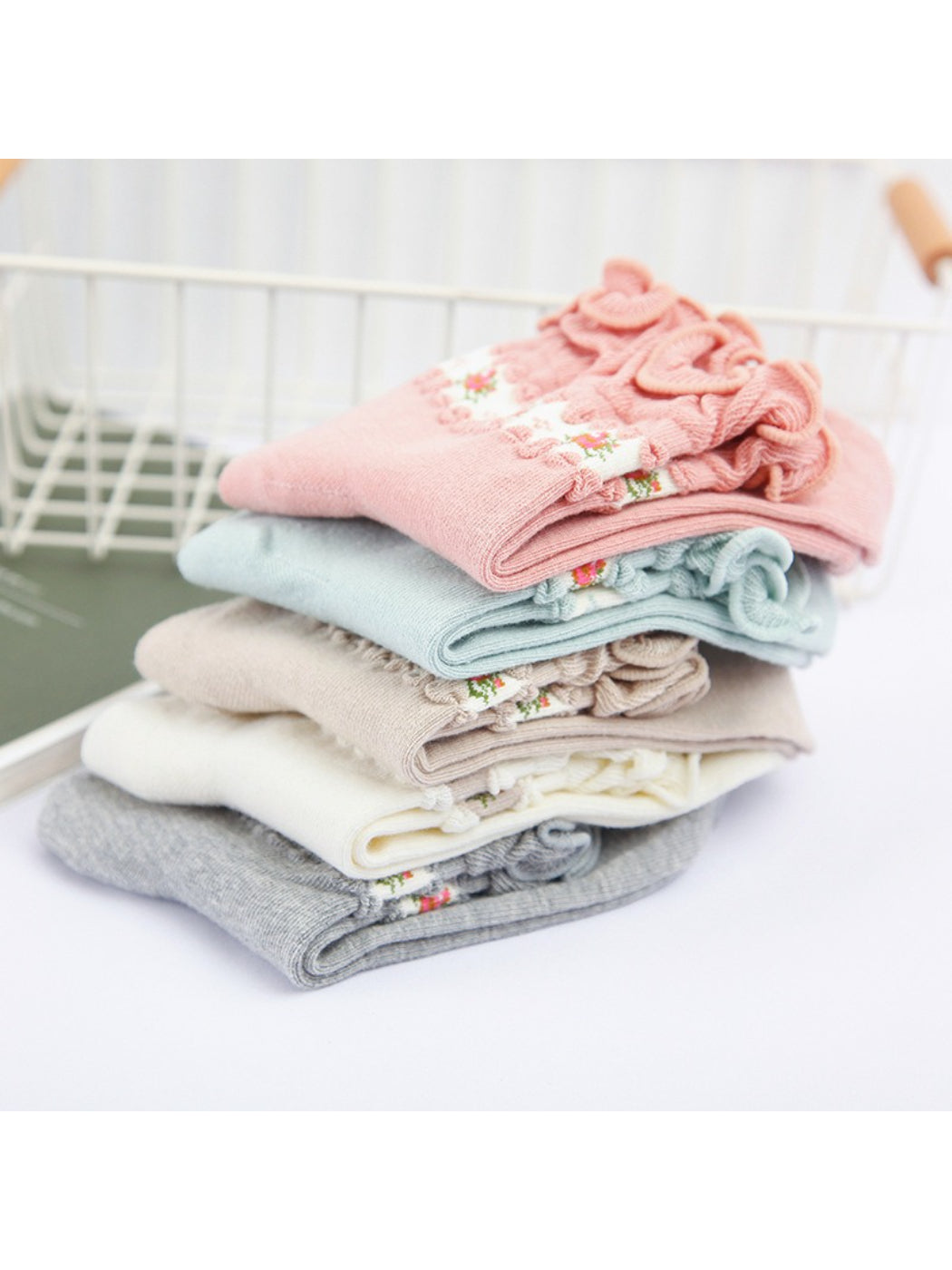 Rufia - Floral Ruffle Cuff Soft Pastel Crew Socks product image 2