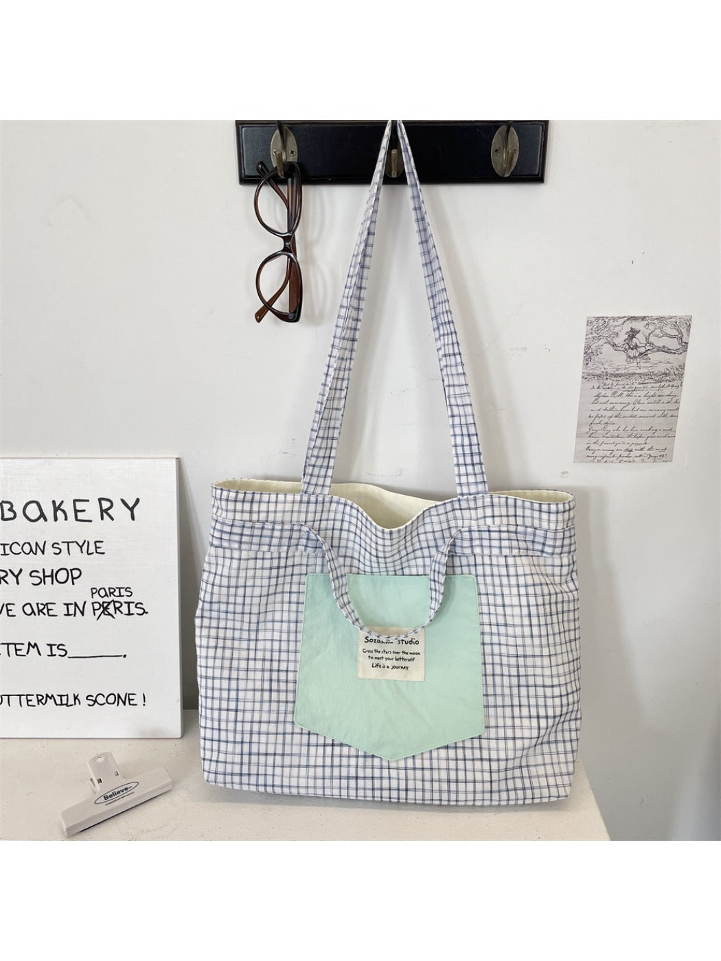 Cosbai - Patchwork Plaid Tote Bag & Shoulder Bag