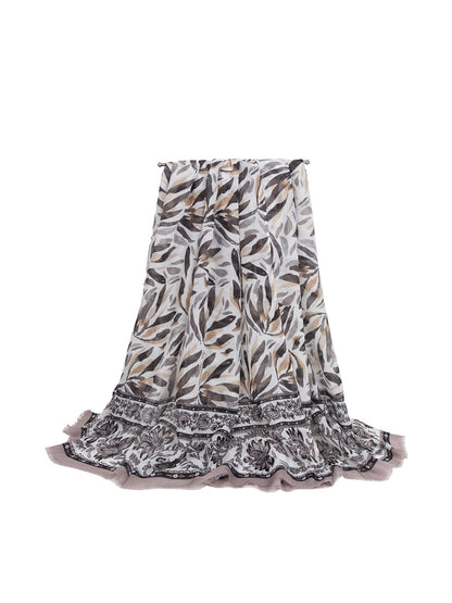 Scarvii - Layered Leaf Print Wrap Style Long Scarf