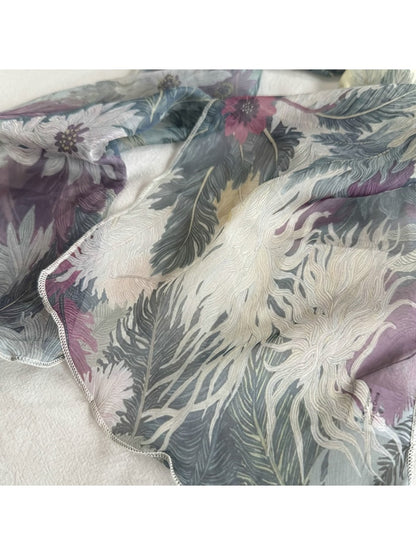 Scarvii - Semi Sheer Dyed Pattern Long Narrow Scarf