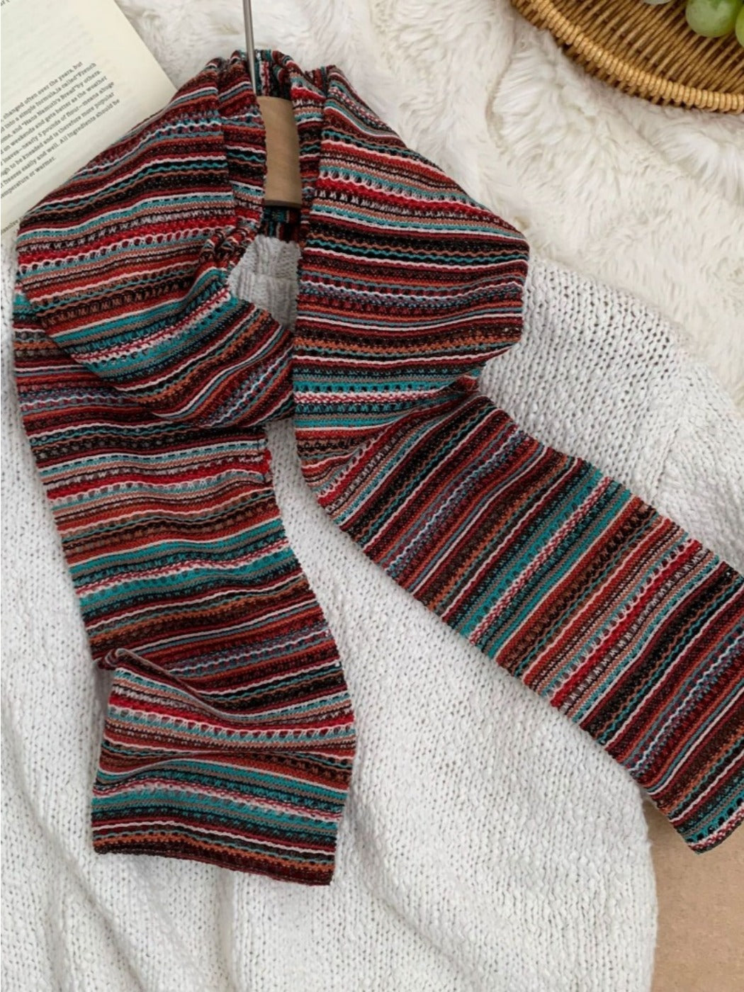Scarvii - Stripe Color-Block Knit Long Narrow Scarf