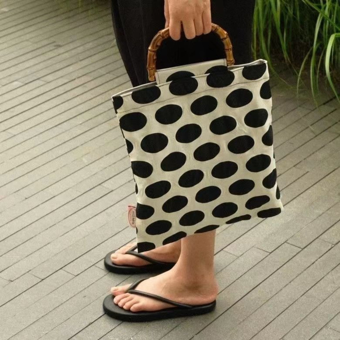 Side view of Cosbai Retro Polka Dot Shopper Bag showing spacious interior