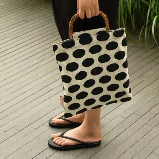 Side view of Cosbai Retro Polka Dot Shopper Bag showing spacious interior