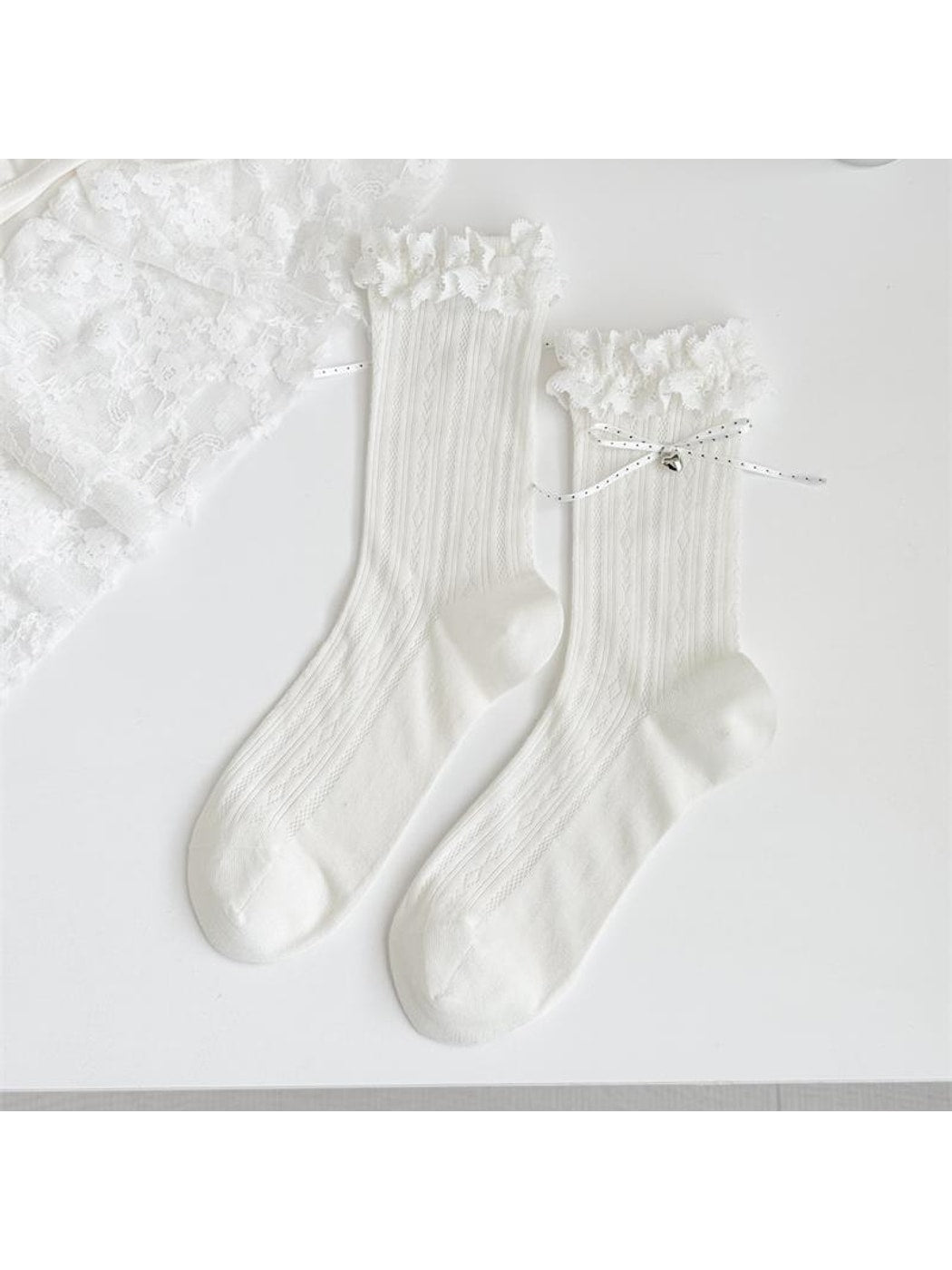 Rufia - Lace Ruffles Trim Bow Detail Crew Socks