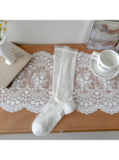 Rufia - Sheer Ribbed Crew Socks with Ruffled Cuff
