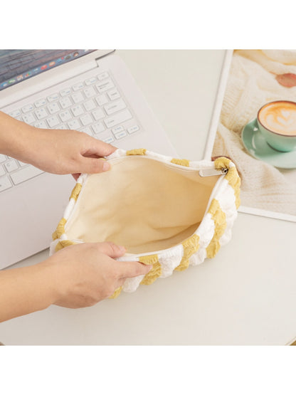 Cosbai - Puff-textured Solid Color and Stripes Zip Pouch