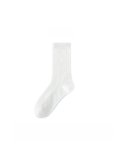 Rufia - Solid Color Ruffle Openwork Casual Crew Socks